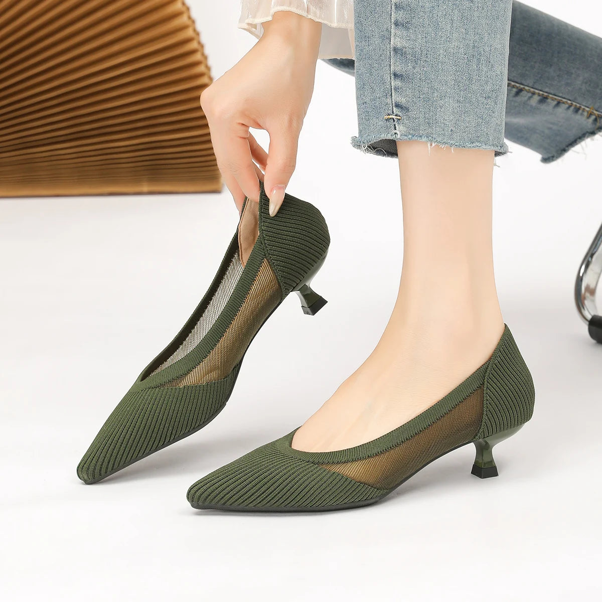 Women's High Heels 2025 New Knitted Breathable Mesh Fine Fashion Comfortable Lightweight Shoes Spring and Autumn