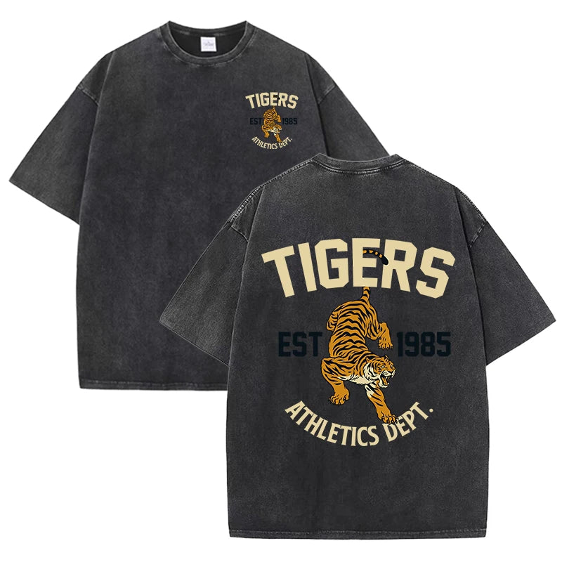 Tigers Est 1985 Sport Print Washed Women T-Shirt Summer Casual Retro T Shirts Snow Wash Tee Top Loose Unisex Retro Streetwear