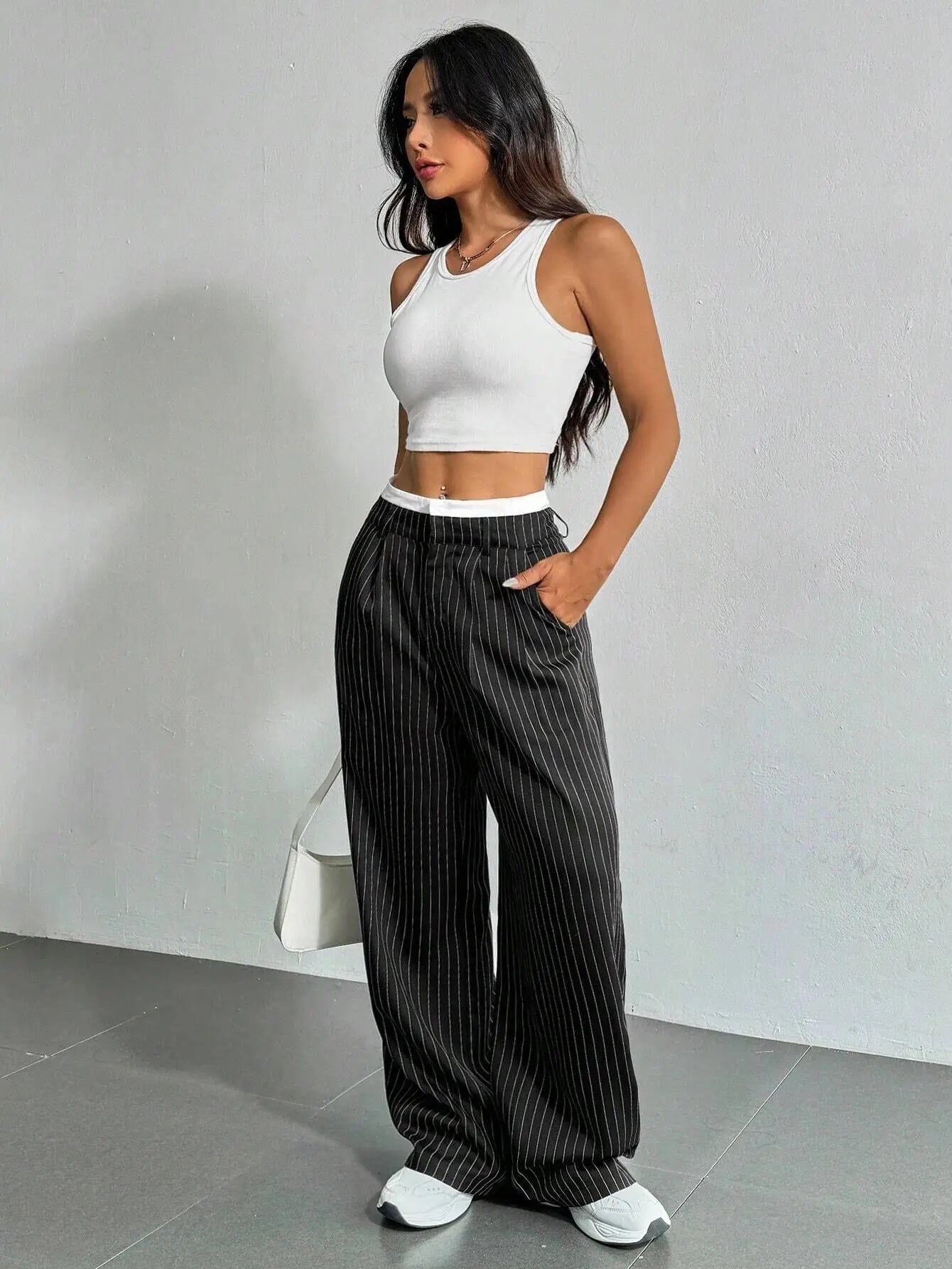 Fashion Pants Women's Stripe Straight Pants 2024 Autumn Winter High Waisted Casual Suit Pants Office Lady Women Trousers Bottoms BAZAARHUBO