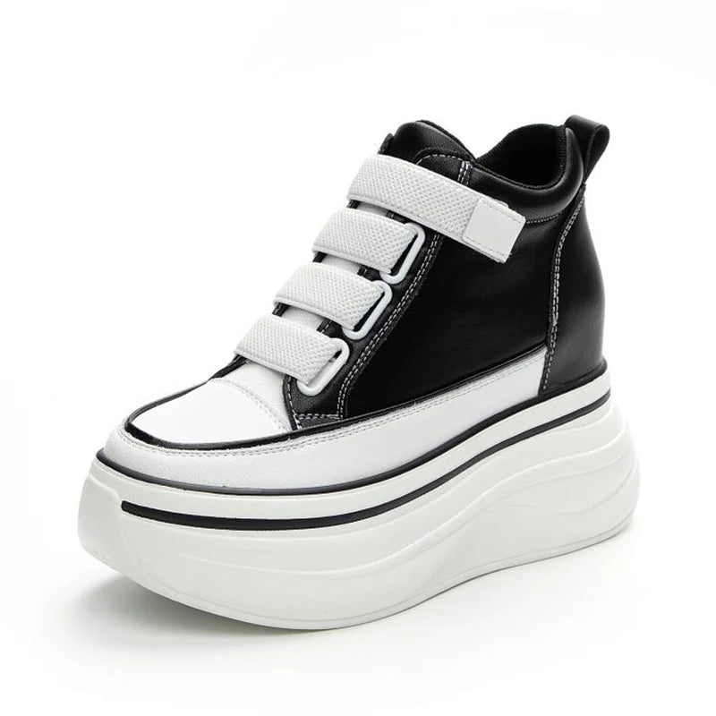 10cm Genuine Leather Platform Wedge Mid Calf Ankle Motorcycle Booties Non Slip Hidden Heel New Women Slip-On Autumn Spring Shoes