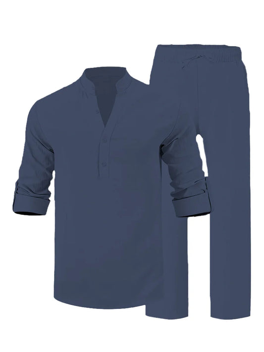 Men's Casual Fashion Suit Set Cotton Linen Texture Shirt with Lapel Collar and Trousers Loose Fit Spring Summer Matching Outfit