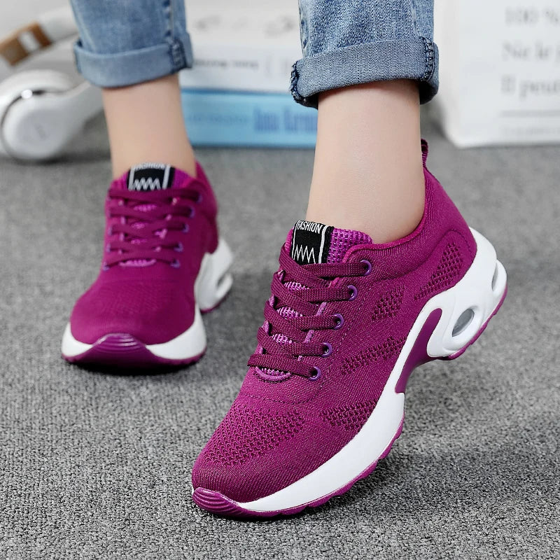 Women's Fashion Air Cushion Sports Running Flat Soft Bottom Sneaker Mesh Breathable Casual Shoes