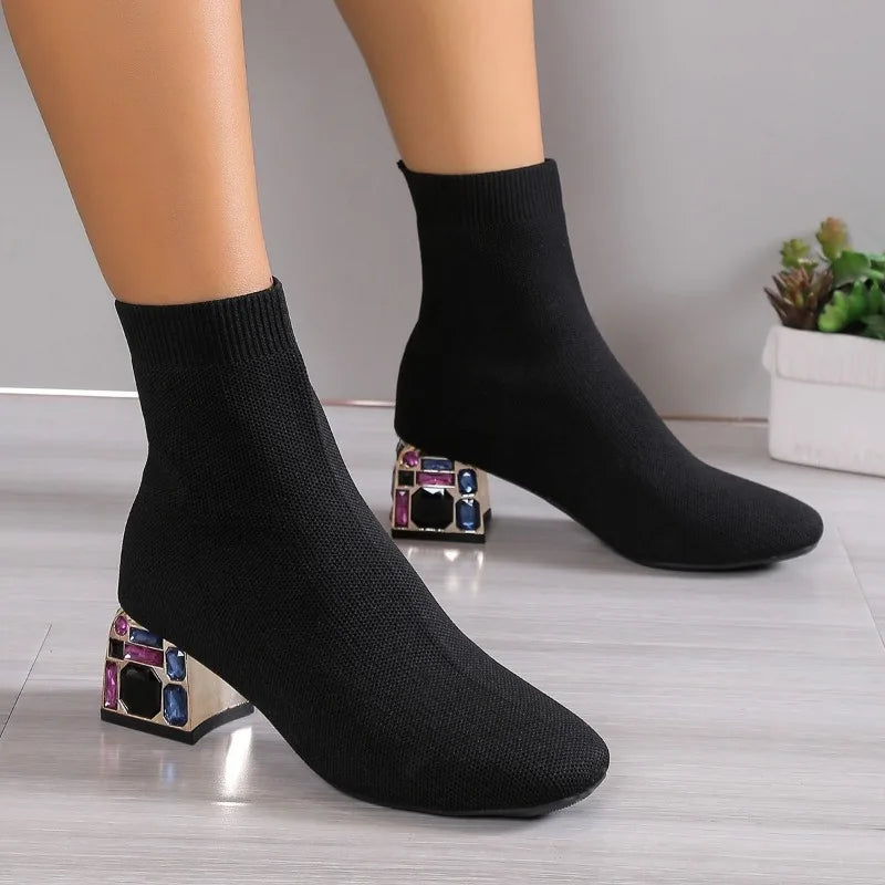 Women Hot Sale High Heels Short Boots 2023 Winter Designer Square Toe Mesh Breathable Stretch Sock Boots Slip on Platform Shoes