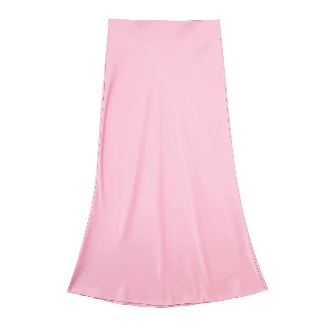HH Women Fashion Vintage Solid Skirt Satin Slim Elastic Waist Midi Skirts Office Lady Wear Elegant Woman Chic Mermaid Skirt