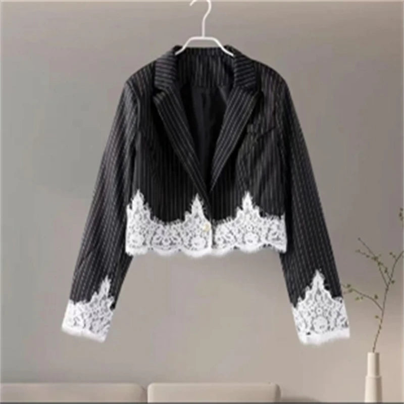 Fashion Striped 2 Piece Sets Women Outfit Spring Clothing Women Lace Patchwork Blazer V-Neck Mini Dress Sets Two Piece Woman Set
