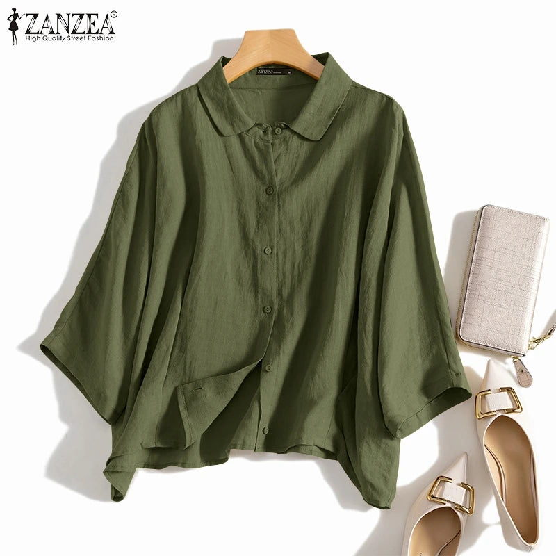 ZANZEA Summer Fashion Lapel Neck Shirt Women Elegant 3/4 Sleeve Blouse Work Buttons Down Tops Tunic Female Casual Loose Blusas