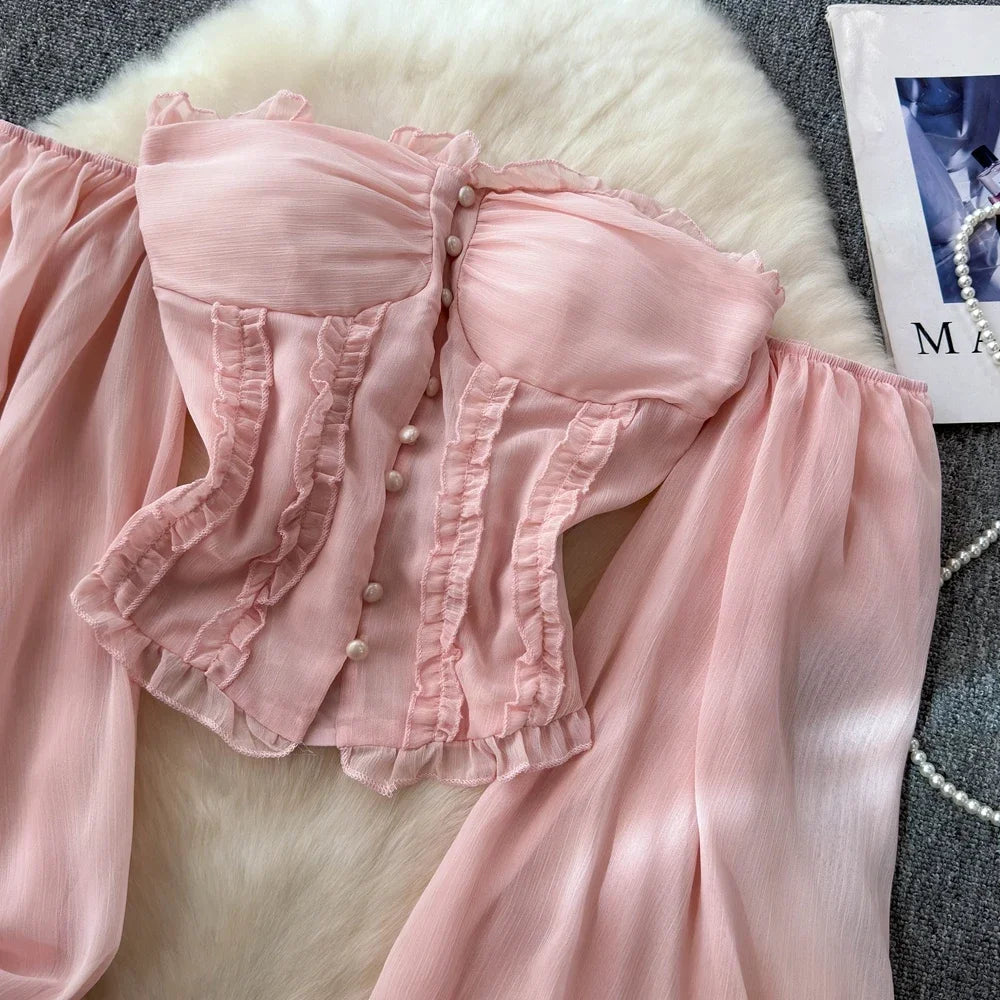 Chiffon Blouse for Women Slash Neck Off Shoulder Solid Color Camisas Ruffles Folds Backless Summer Blusas De Mujer Chic Dropship