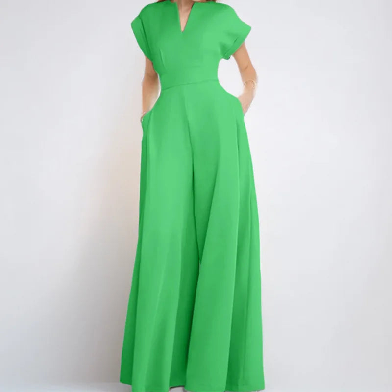 Elegant Solid Color V Neck Jumpsuit For Women High Waist Wide Leg Trousers With Pockets, Formal Office & Party Outfit