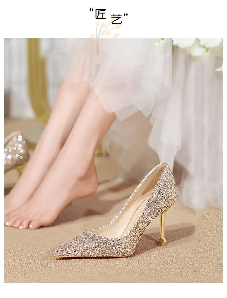 2025 New Women Pumps High Heel Metal Pointed Toe Shallow Sexy Ladies Bling Bridal Wedding Women Shoes White High Heels