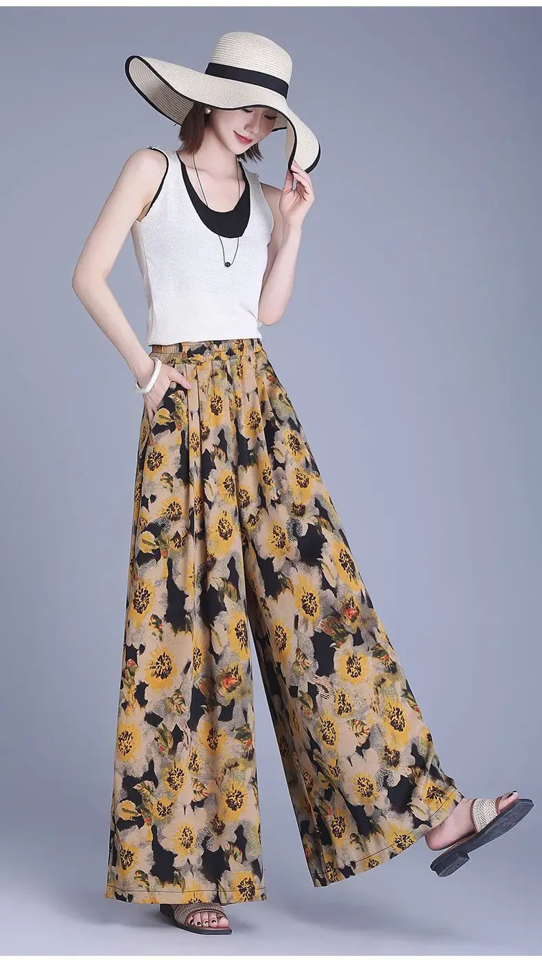 Trousers Chiffon Floral Skirts and Pants for Women in Summer New Thin High-waisted Ethnic Style Casual Wide-leg Pants