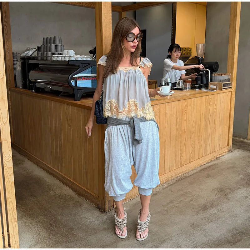 Lace Spliced Square Neck Spaghetti Strap Blouse Loose Fit Cropped 2026 Summer Women Chiffon Top Causal Delicate Lady Blusa
