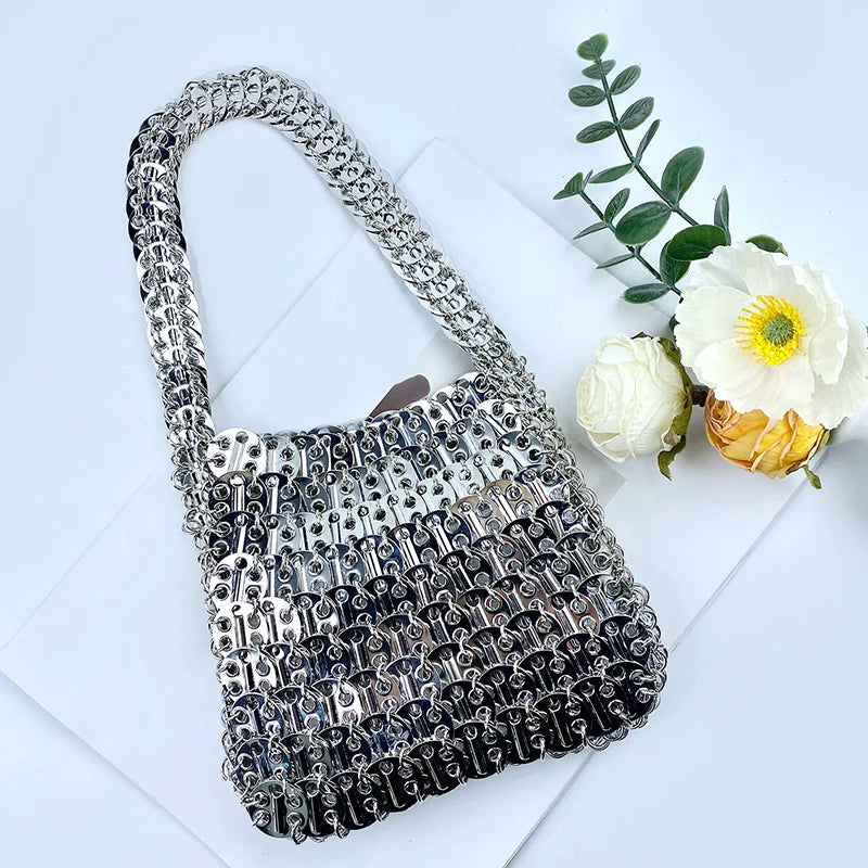 Shiny vintage iron sheet bag, hand-woven silver sequins, metal dumpling bag, mobile phone bag, handbag, shoulder bag