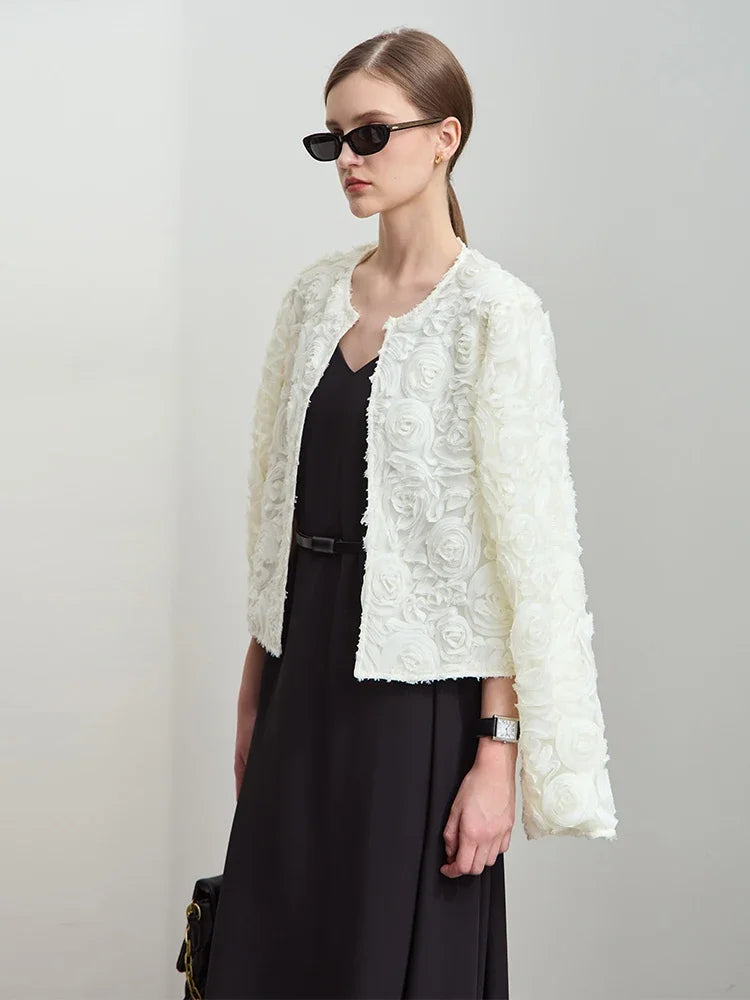 AMII Minimalism Short Jacket Women 2025 Autumn Elegant Floral O Neck Coat