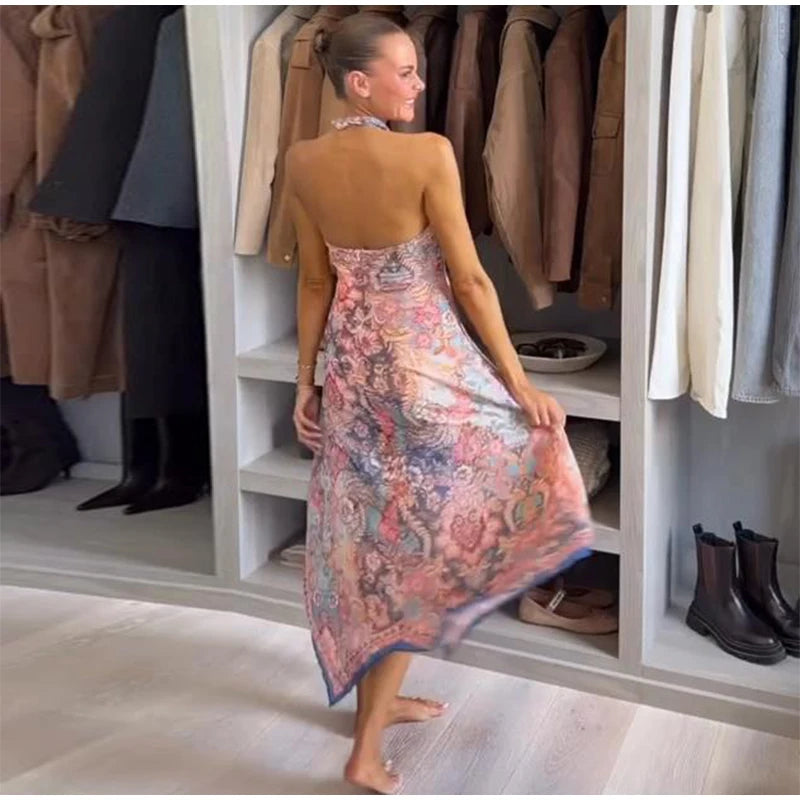 Halter Neck Floral Print Split Set Sleeveless Casual Top Tropical Wrap Slit Maxi Skirt 2026 Summer Bohemian Holiday Women Outfit