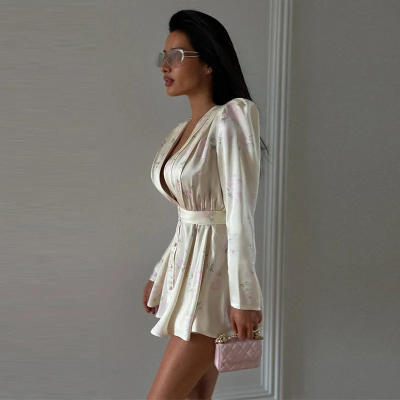 Elegant Women's Printed Waistband Short Dress Deep V-neck Long Puff Sleeve Pleated Dresses 2026 Summer Lady Holiday Party Robe