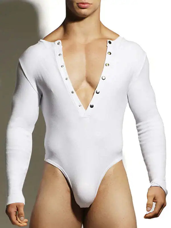 Sexy Home Style Men Rompers Deep V-neck Breathable Stretch Solid Simple Jumpsuits Casual Fashion Long Sleeved Triangle Bodysuits