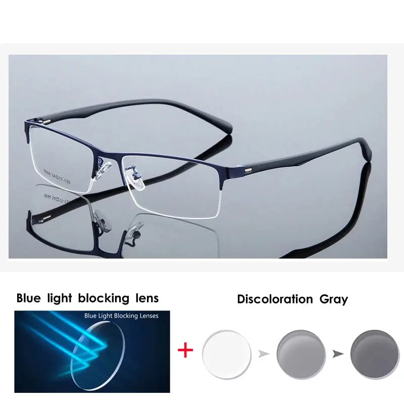 VCKA Half Frame Men Business Myopia Prescription Glasses Alloy Photochromic Anti Blue Ray Shortsighted Eyewear -0.5 TO -10 BAZAARHUBO