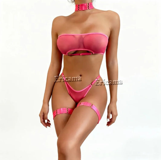 New Style 3-Piece Cut Out Bow Lingerie Set Satin Cute Erotic Set Solid Brief Underwear Set NightwearPron Sexy Lingerie Underwear