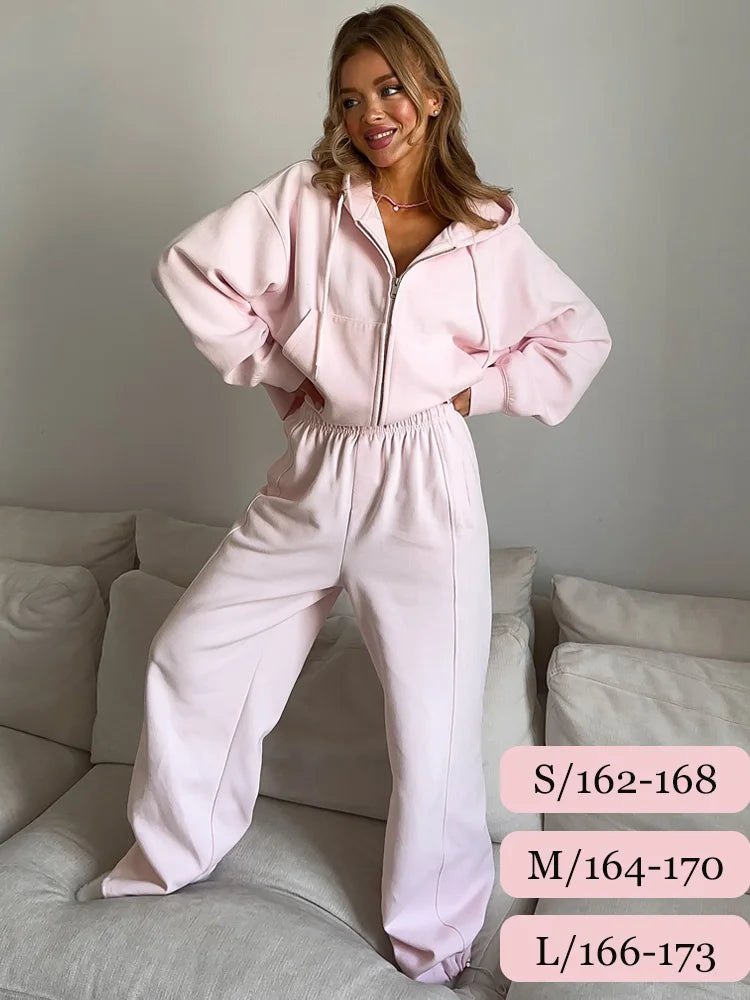 Women Tracksuit Hoodies and Trousers Two Piece Set Casual Zipper Sweatshirt Solid Color Drawstring Sports Pants Workout Sets