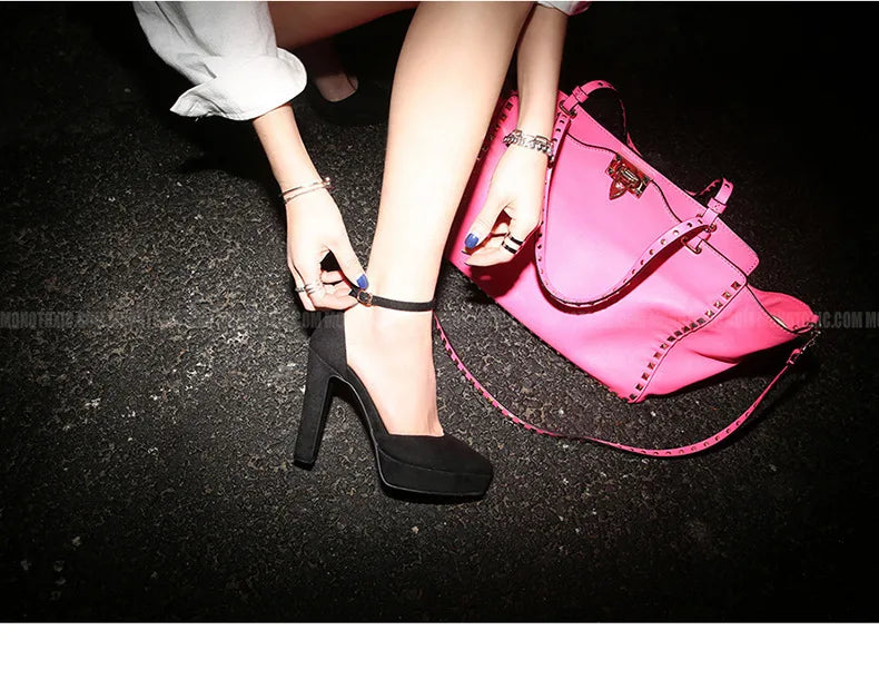 Black Platform Pumps for Women 14cm Spike Heels Ankle Strap Sexy Fashion High Heels Party Wedding Shoes Ladies
