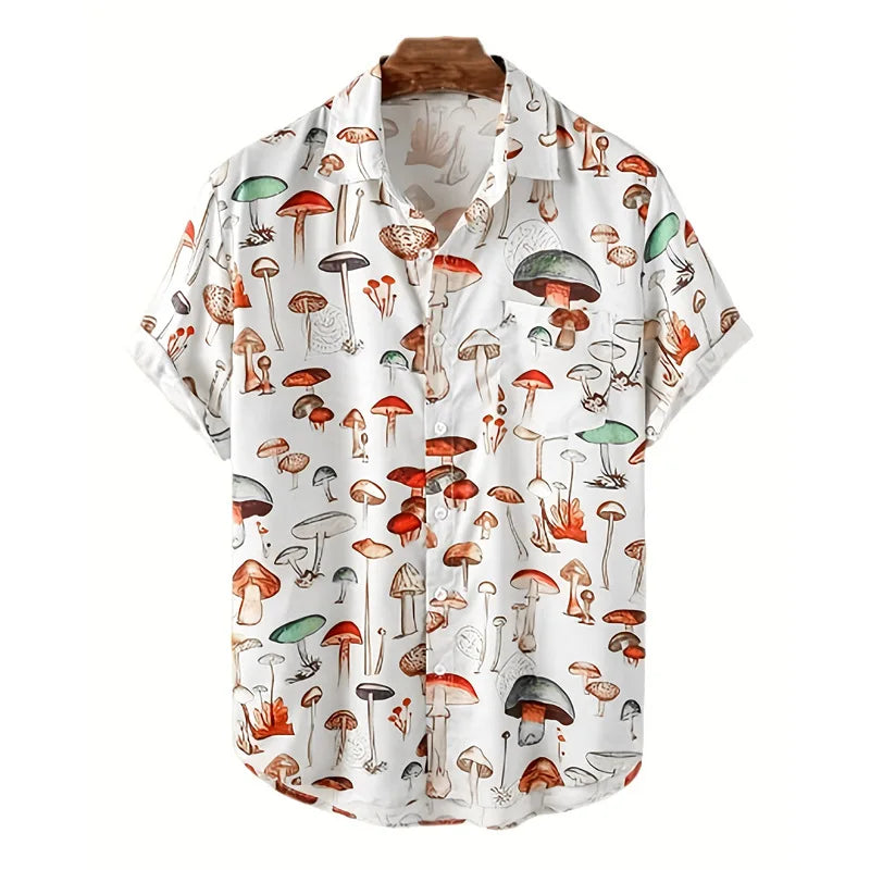 New Summer Men Hawaiian Style Shirt Fashion Casual Streetwear Turn-down Collar Short Sleeve Cartoon Mushroom Beach Printed Shirt