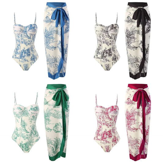 Women Swimwear Swimsuit Two-piece set Summer Print Bodysuit Bikini Set Beach Style Wear Maxi Dress Skirt One-piece swimsuit