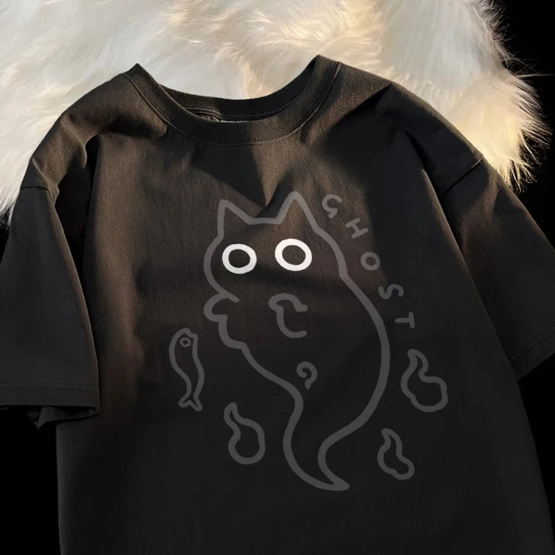 Ghost Cat Loose Short Sleeved T Shirt Women Japanese Fashion Brand