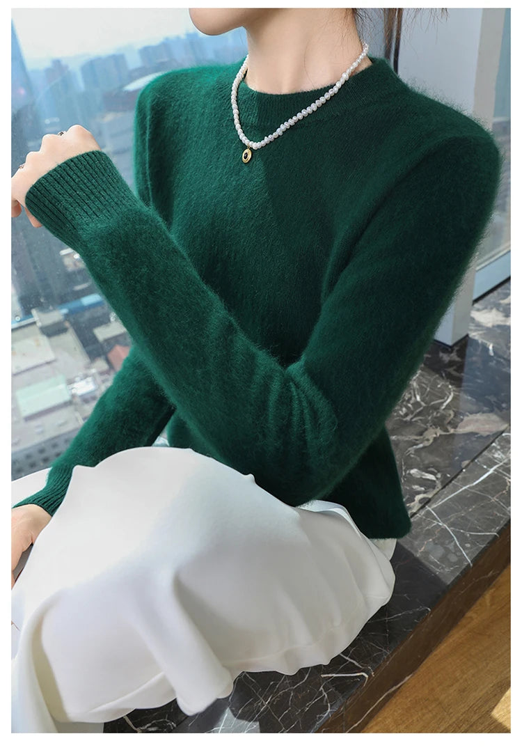 Autumn and winter women's semi high neck pullover sweater solid color knitted slim fit women's 100 mink cashmere sweater new sty