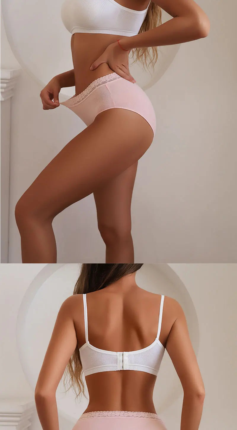 FINETOO 5PCS/Set Women Cotton Panties Sexy Low Waist Briefs Lace Cotton Female Comfortable Underwear Solid Color Soft Lingerie
