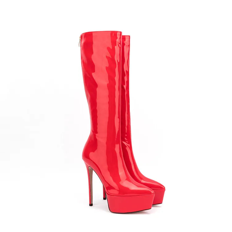 New Women Knee High Boots Patent Leather Pointed 15cm High Heels Winter Short Plush Waterproof Platform Girl Boots Large 34-45