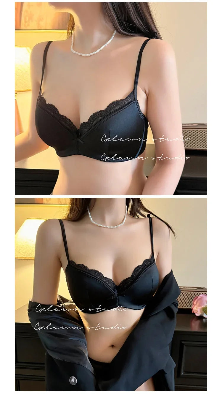 French Women's Lace Seamless Underwear Women's Thin Summer Sexy Lace Satin Anti-sagging Push-up Bra Set Underwear Women Set