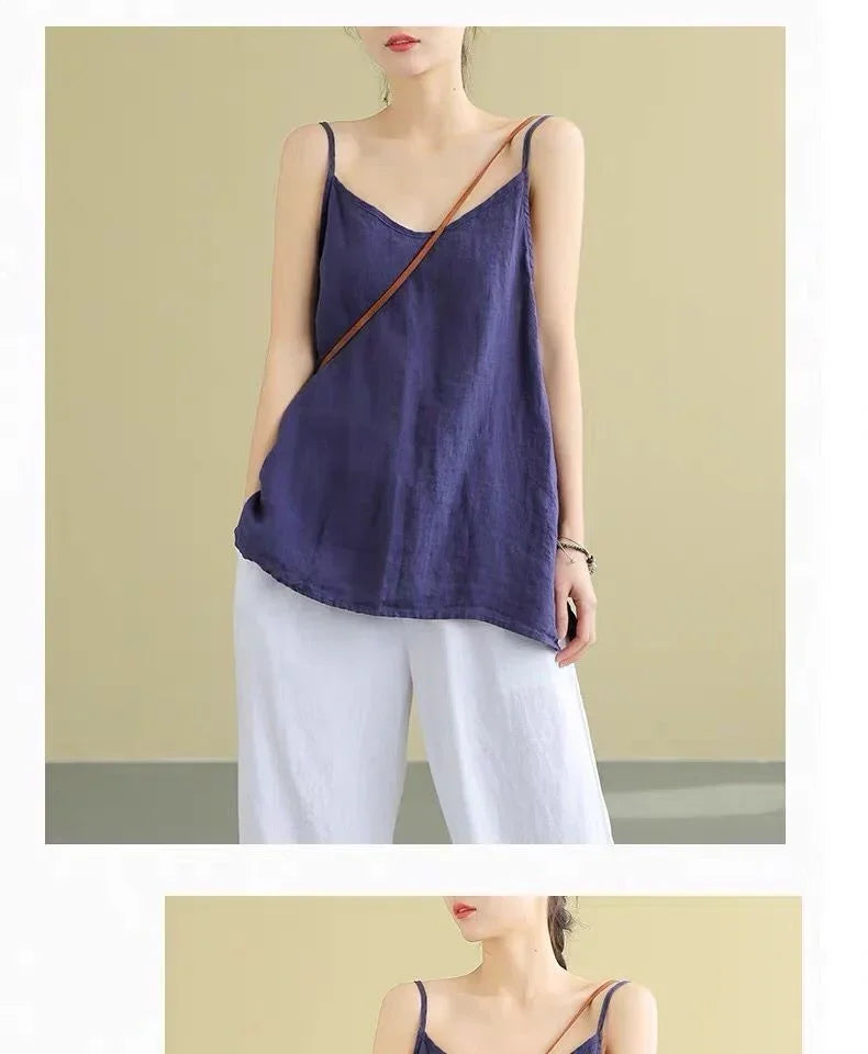 Women's Summer Top Cotton Linen Spaghetti Strap Top Women Halter V Neck Basic Yellow Sleeveless Tank Tops Loose Casual Camis