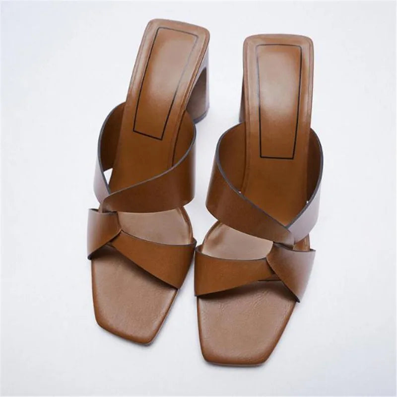 Summer new women's shoes brown black thick-heeled cow leather sandals square toe cross with open toe back high heels slippers
