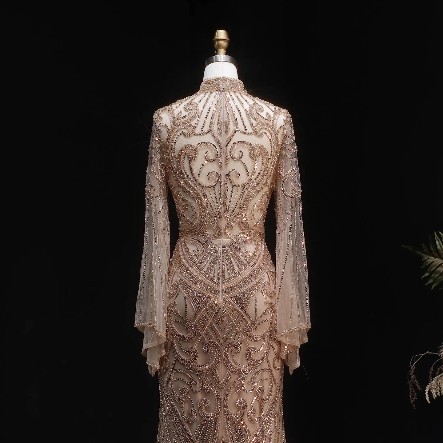 Sharon Said Dubai Black Evening Dress Geometric Beaded Pattern Long Flare Sleeve شارون سعيد Women Formal Prom Gown SS055 Custom
