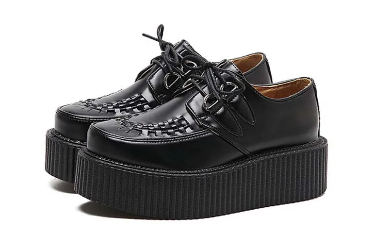 Black Harajuku Shoes Classic Lace UP Wedge Heels Platforms Creepers Punk Shoes Casual High Heels Women Platform Shoes