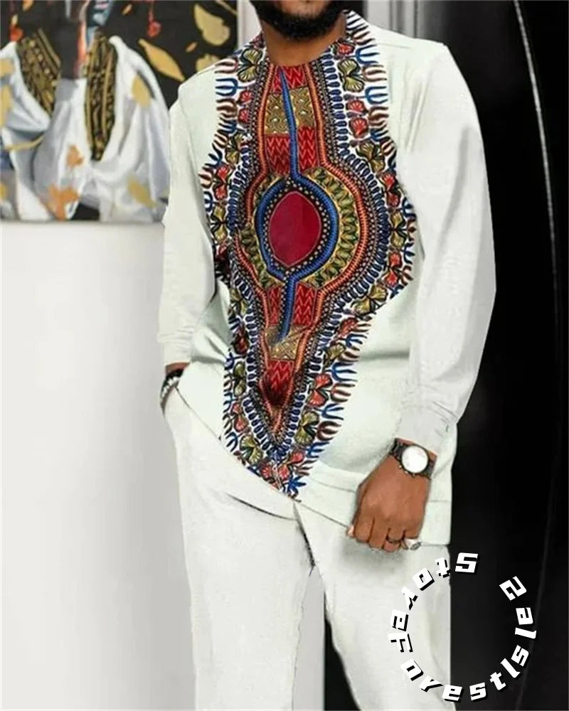 African Clothing Set for Men Tracskuit Set Casual Walking Suit Ovrersize Streetwear Long Sleeve T-Shirt Trousers Outfit 2-piece