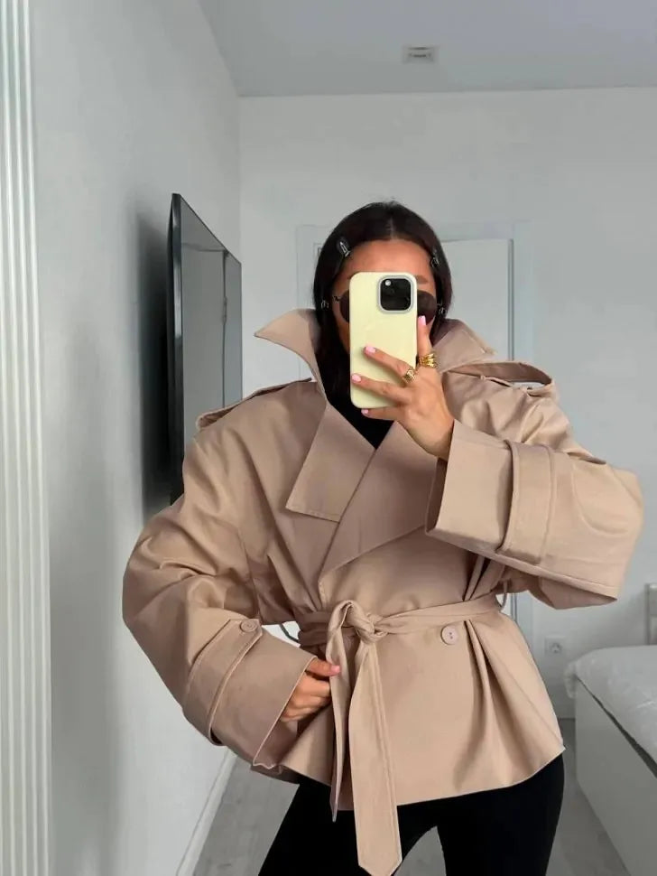 Lace Up Cropped Trench Coat Fashion Women Lapel Long Sleeves Wide Shoulder Windbreaker Jacket Lady 2026 Spring Commuting Outwear