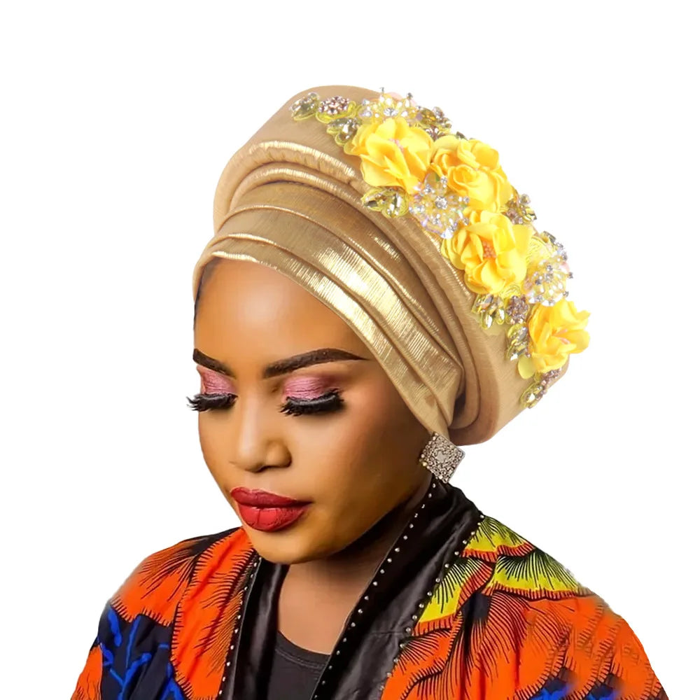 African Women's Turban Cap Diamond Flower Nigeria Auto Gele Headtie Already Made Wedding Geles Female Head Wraps Hat Party Mujer