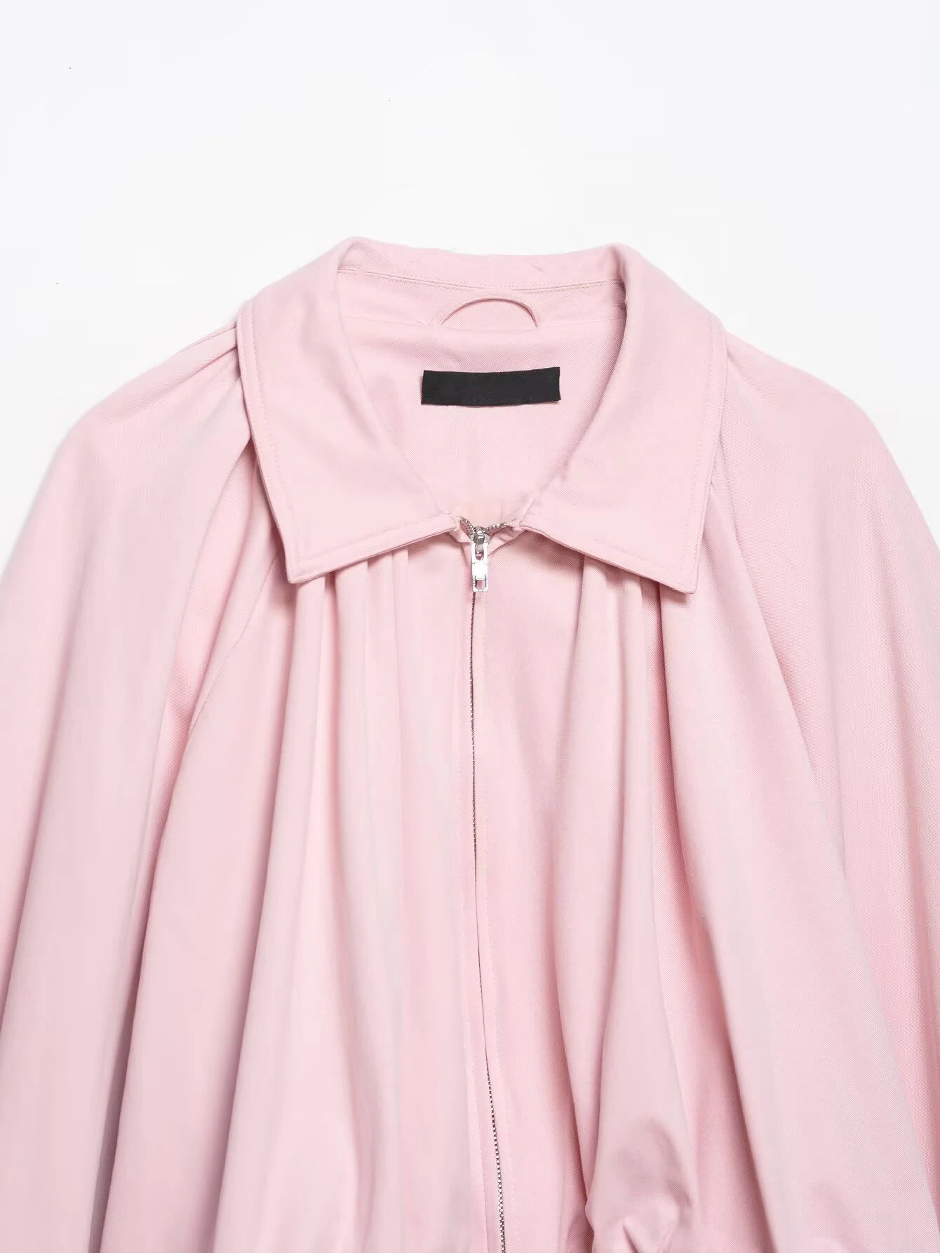 YENKYE New 2026 Women Pink Puff Sleeve Pleated Bomber Jacket Front Zipper Casual Loose Crop Coat