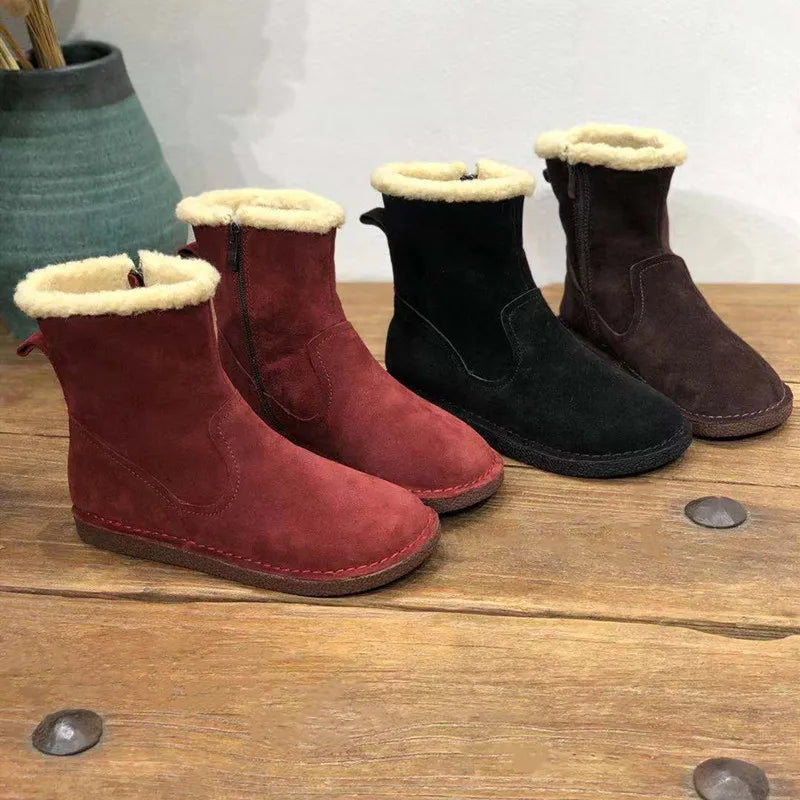 Careaymade-Genuine cow leather Snow cotton round head flats woolen short boots plush warm snow boots Oversized shoes size 35-43