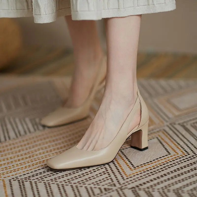 Office Ladies Summer Footwear High Heels Pumps On Heeled Square Toe Shoes For Women 2025 Fashion Leather Casual Slip A Vacation