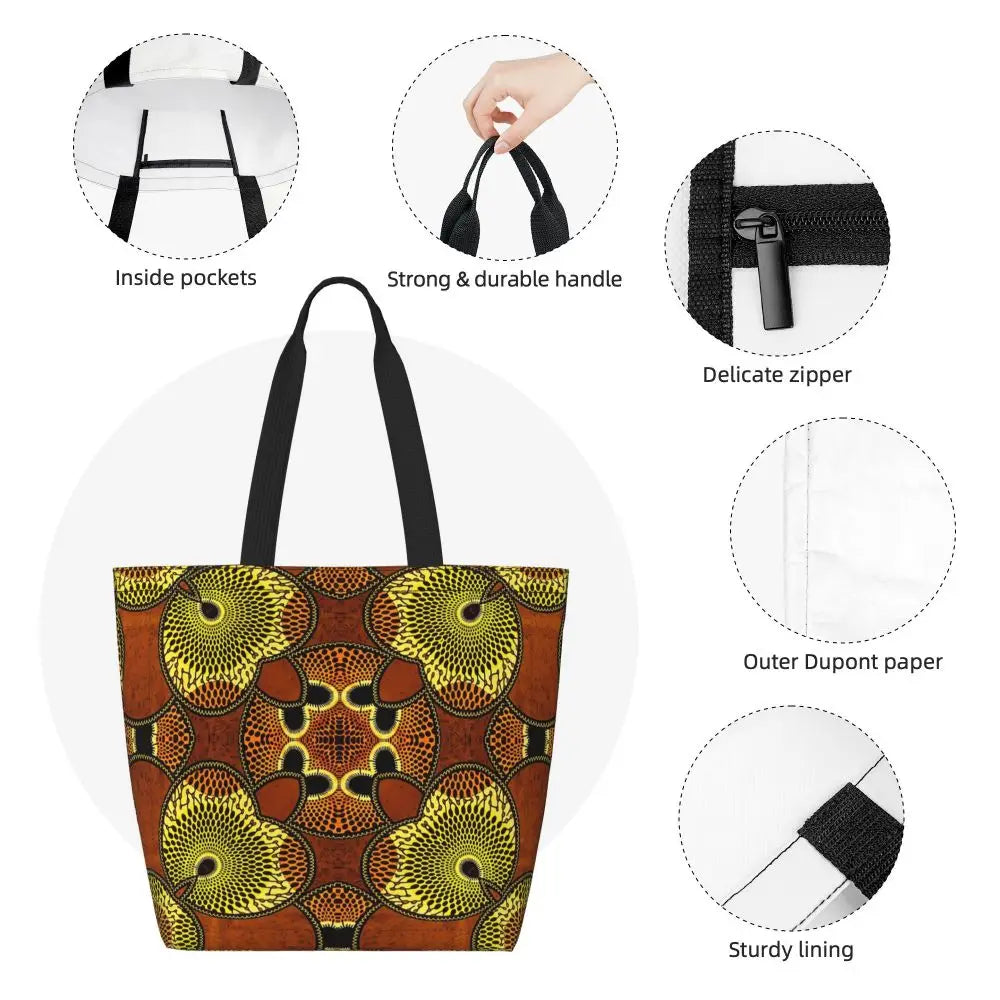 African Ankara Prints Grocery Shopping Tote Bags Women Geometric Ethnic Art Canvas Shoulder Shopper Bags Big Capacity Handbag
