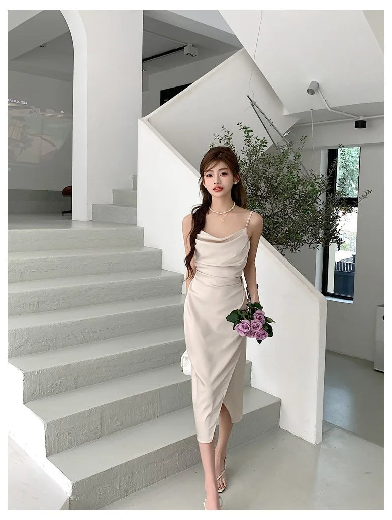 summer Europe and the United States aristocratic style texture satin pleated waist design solid color sexy slit slip dress