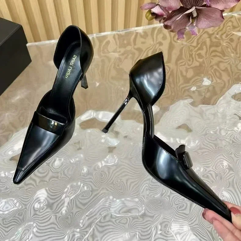 10cm Metal Blade Pointed Toe Stiletto Heels Pumps Coffee Brown Retro Fashion Dress Shoes Woman Thin High Heels Designer