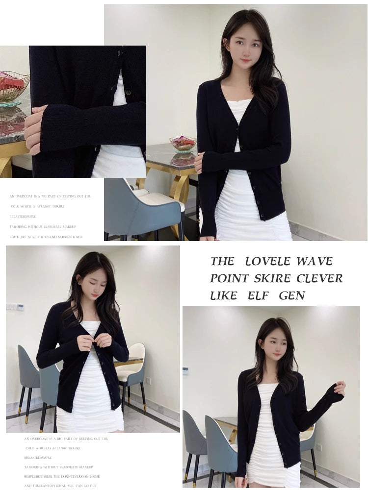 Korean Fashion Black Cropped Blouses Cardigan Female Clothing Sweaters Jersey Long Sleeve Top Women's Coat Spring 2025 Style