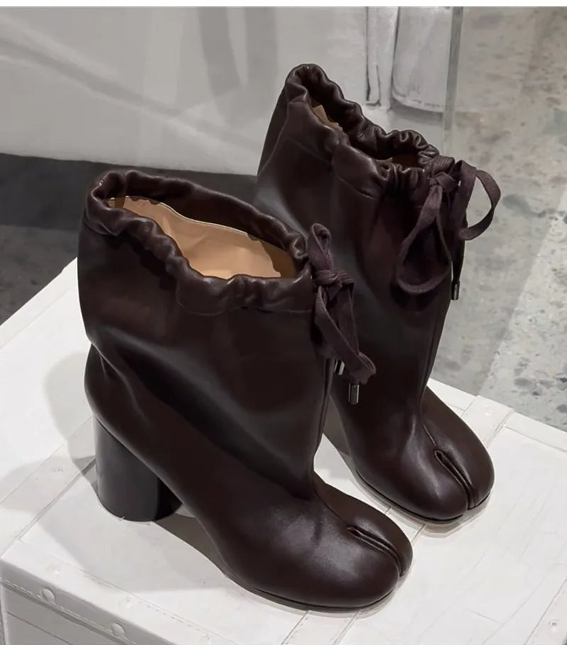 Street Style Fashion Split Toe Women Mid-calf Boots Autumn Winter Genuine Leather Tabi High heels Modern Chunky Booties Shoes