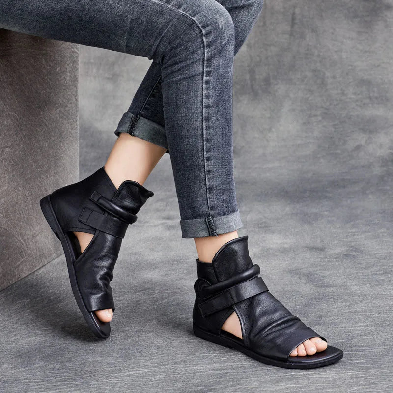 Summer Genuine Leather Cool Boots Women's Vintage Flat Bottom Sandals Women's Topcoat Cowhide Open Toe Zipper Thick Sole Ro