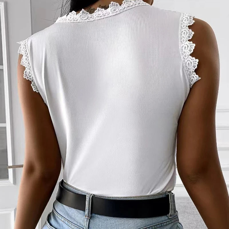 Summer Floral Lace Sleeveless Blouse O Neck Tank Top For Women Rose Pattern