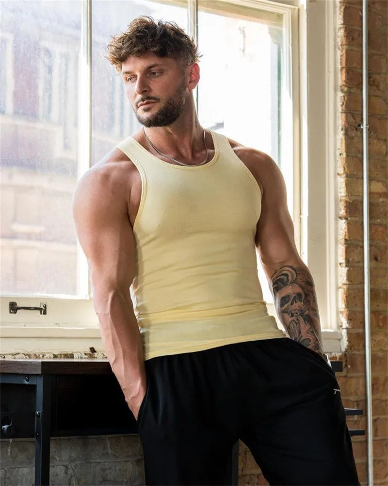 Spring Summer Knit Ice Silk Ribbed Fitness Sports Casual Slim-fit Men's Vest Men's I-line Muscle Vest Cotton Men