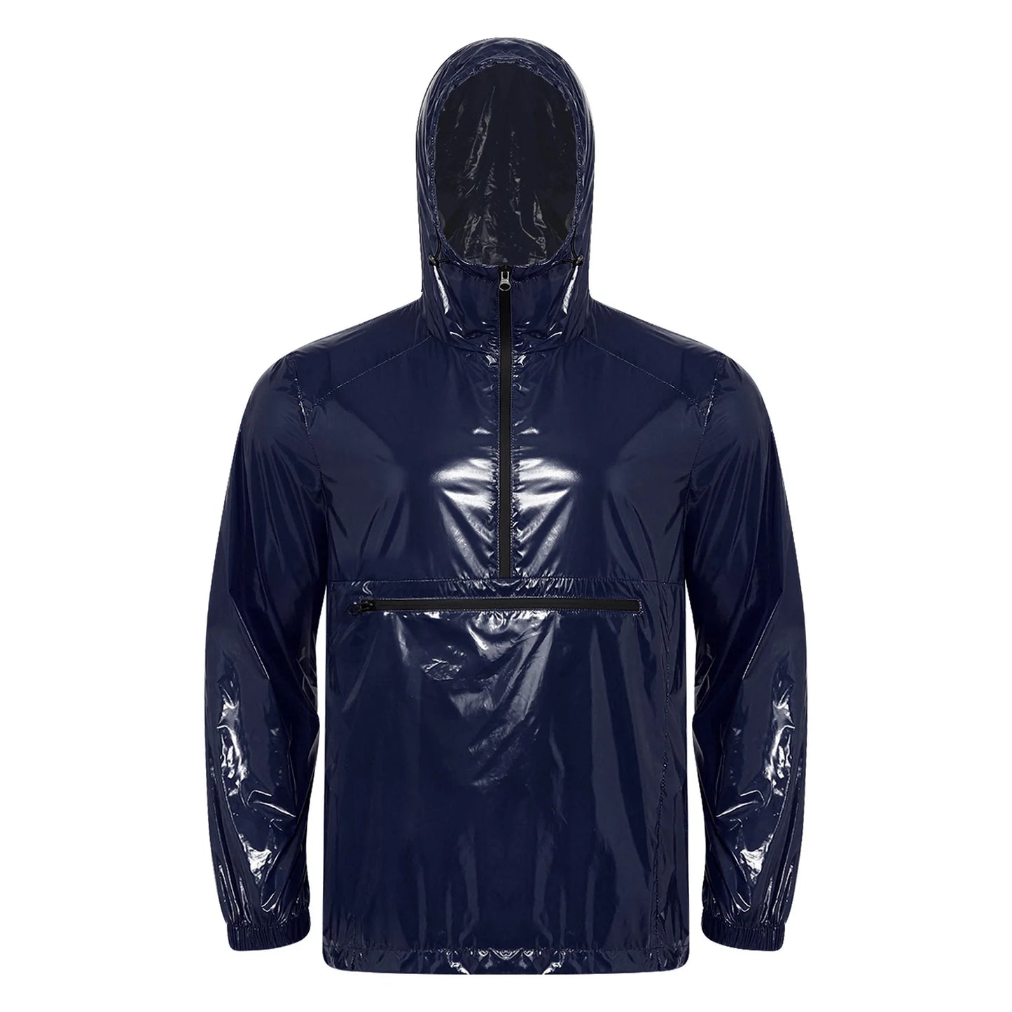 Men Shiny Glossy Hooded Jacket Windbreaker Raincoat for Hiking Fishing Biking Long Sleeve Front Zip-up Drawstring Hood Outerwear